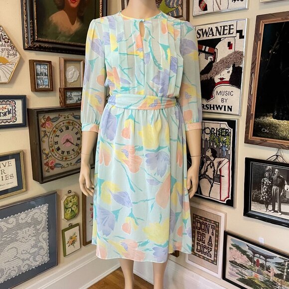 Vintage Jonathan Martin Pastel Floral Print Semi-Sheer 3/4 Sleeve Dress XL - Picture 1 of 7